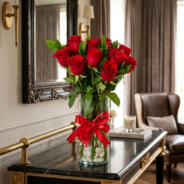 Bouquet Magnificent - 15 Roses Rouges Fraîches Avec Vase